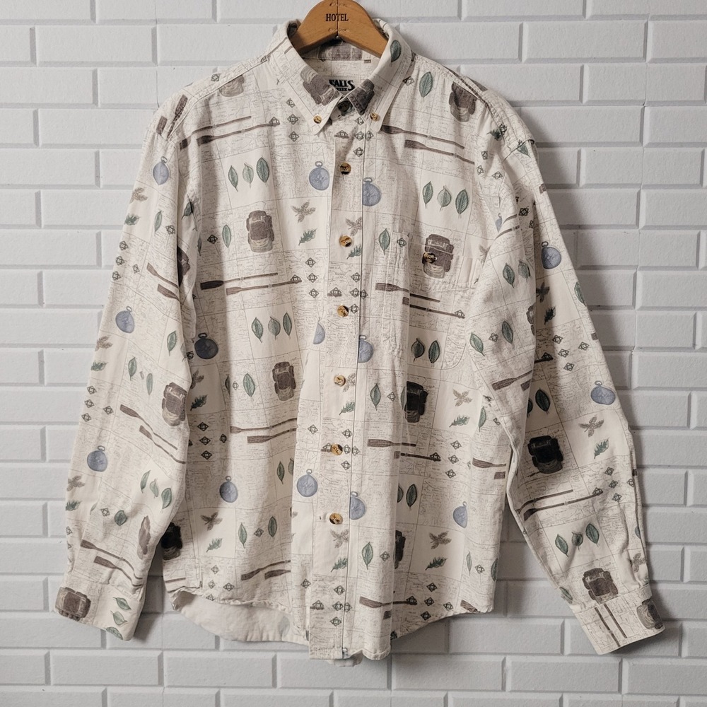 Vintage 1990s Falls Creek Mens Denim Shirt Lg Cream All Over Print Hiking Canoe
